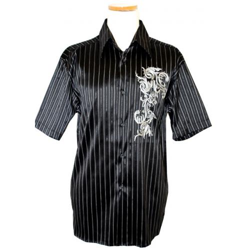 Pronti Black/Silver Grey Pinstripes With Embroidered Design & Metal Studs Shirt S1534